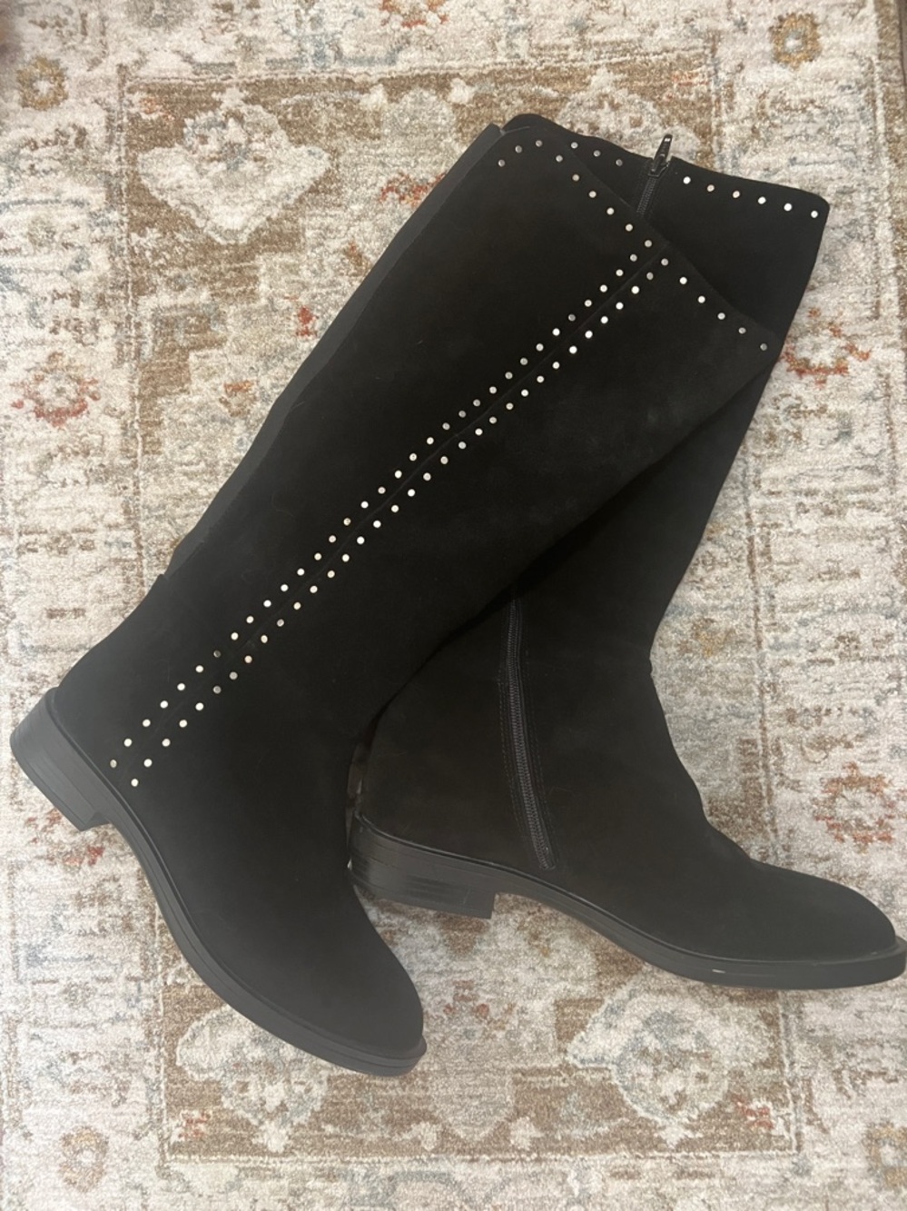 Black Studded Knee-High Women's Boots, Nic &Zoe, Genuine Leather/Suede, Size 11W